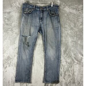 Flypaper Mens Straight Leg Distressed Blue Jeans Embroidered 36x30 Light Wash